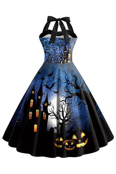 Halloween Printed Halter Blue Vintage Dress