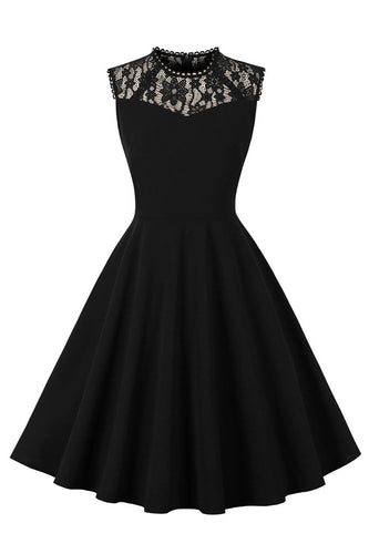 Boat Neck Sleeveless Black Vintage Dress with Lace