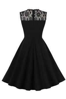 Boat Neck Sleeveless Black Vintage Dress with Lace