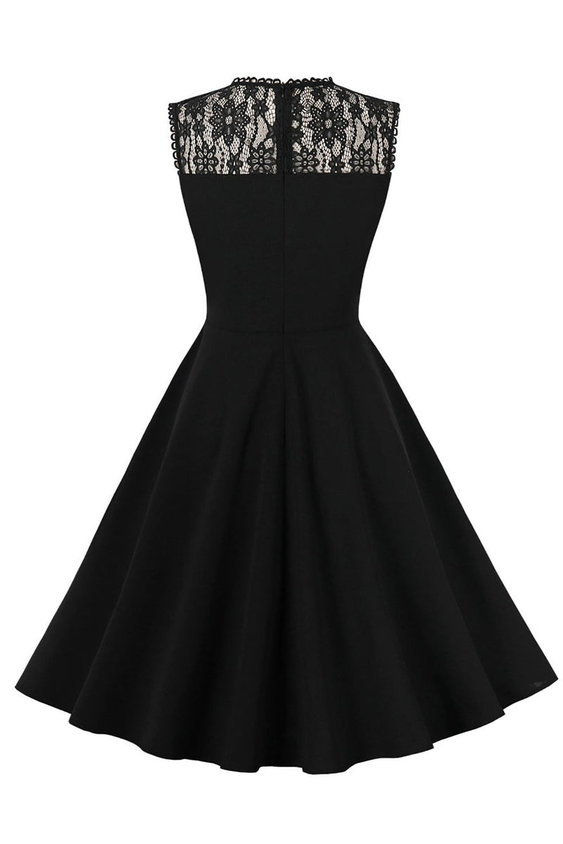 Load image into Gallery viewer, Boat Neck Sleeveless Black Vintage Dress with Lace