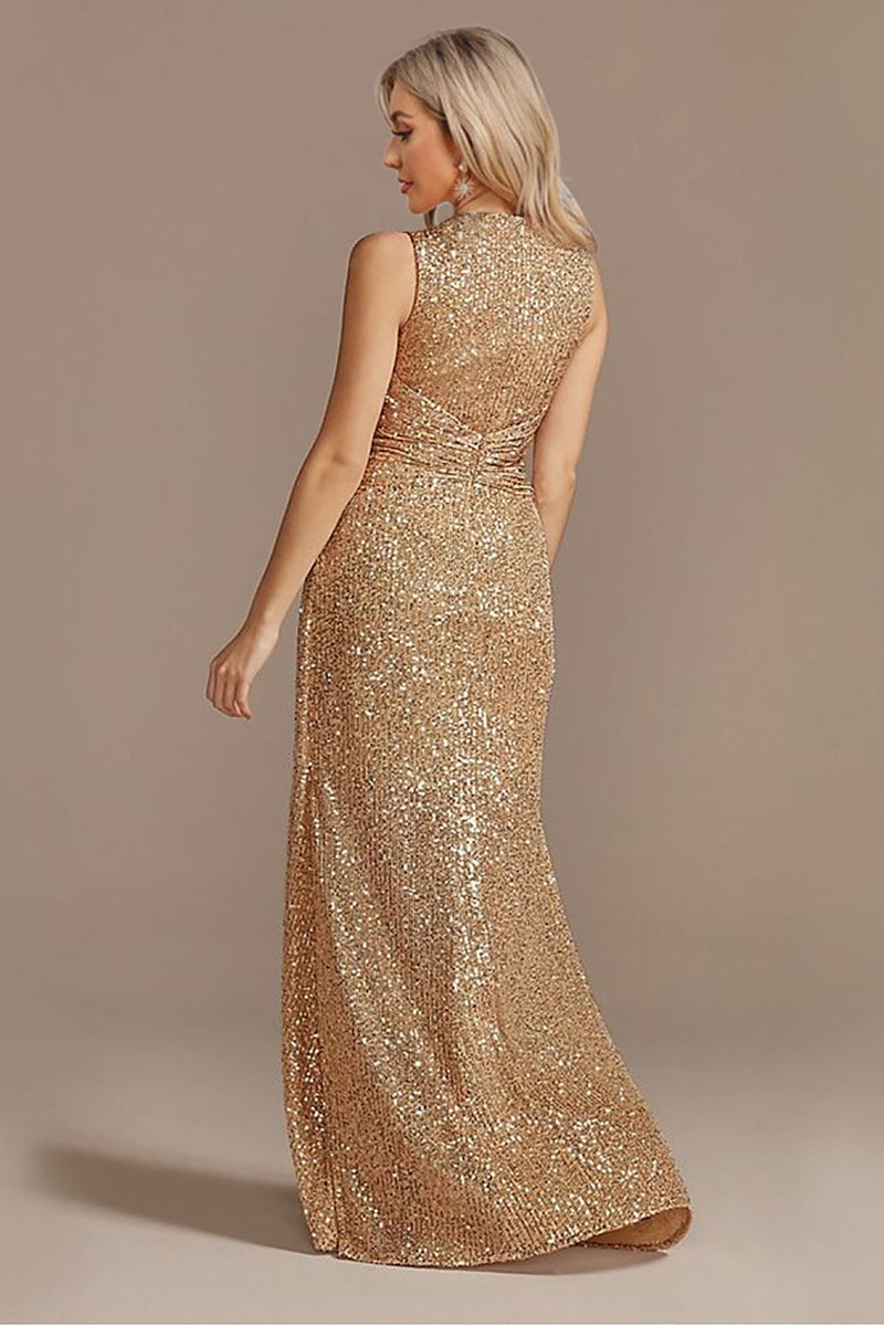 Load image into Gallery viewer, Champagne V-Neck High Low Sequin Prom Dress