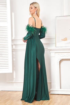 Dark Green Detachable Sleeves Spaghetti Straps Long Prom Dress