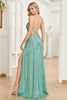 Load image into Gallery viewer, Sparkly Green Sapghetti Straps Long Prom Dress With Slit