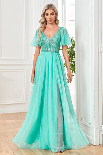 Green Flutter Sleeves Sparkly A Line Long Prom Dress