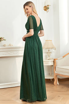Sparkly Flutter Sleeves V-Neck Dark Green A Line Prom Dress