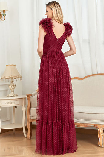 Deep V-Neck Burgundy Sleeveless A Line Long Prom Dress