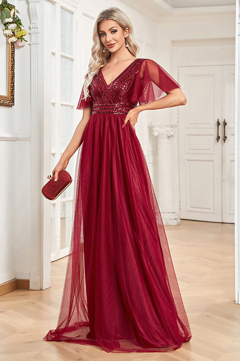 Load image into Gallery viewer, A Line Burgundy Sparkly V-Neck Long Prom Dress
