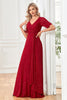 Load image into Gallery viewer, Burgundy Sparkly Short Sleeves V-Neck Long Prom Dress