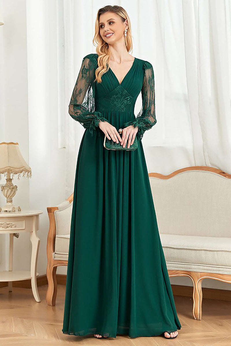 Load image into Gallery viewer, Dark Green Lace Long SLeeves A Line Prom Dress