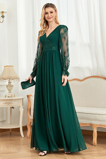 Dark Green Lace Long SLeeves A Line Prom Dress