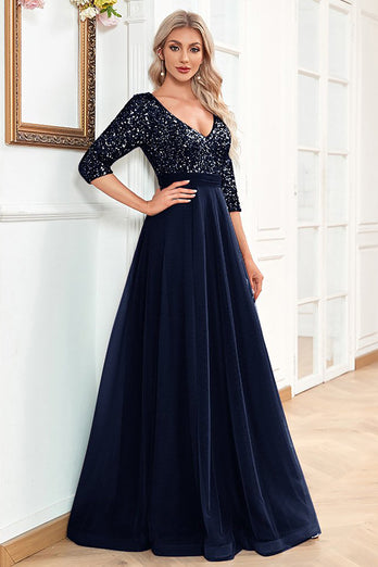 Blue Sparkly Sequin 3/4 Sleeves A Line Prom Dress