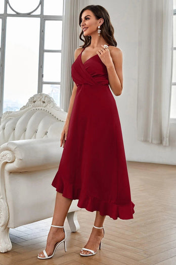 Dark Red A-line Chiffon V-neck Spaghetti Strap Party Dress