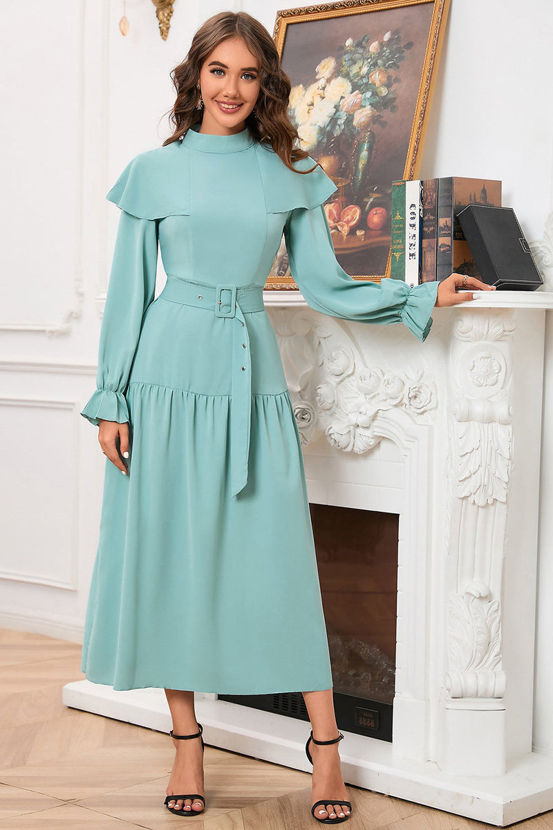 Load image into Gallery viewer, A Line Green Long Sleeves Casual Dress With Belt