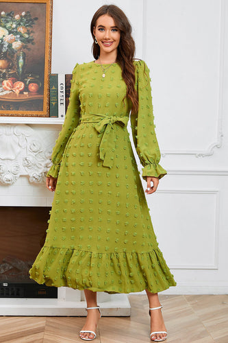 Green A Line Long Sleeves Casual Dress With Belt