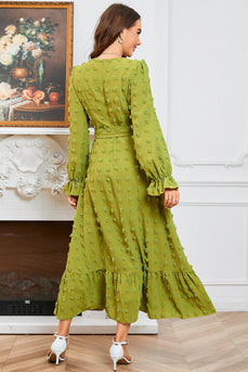 Green A Line Long Sleeves Casual Dress With Belt