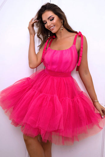 Hot Pink A Line Tulle Cute Homecoming Dress