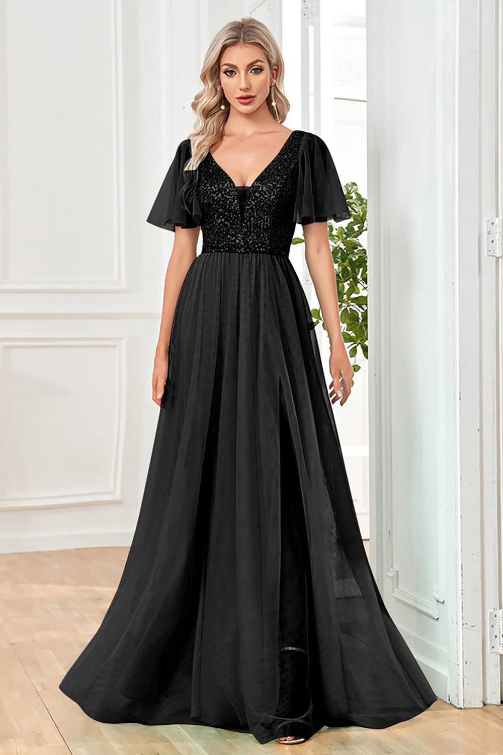 Tulle A-Line Sequins Black Formal Dress with Slit
