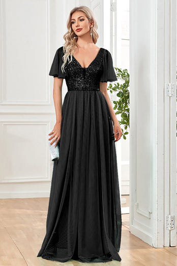 Tulle A-Line Sequins Black Formal Dress with Slit