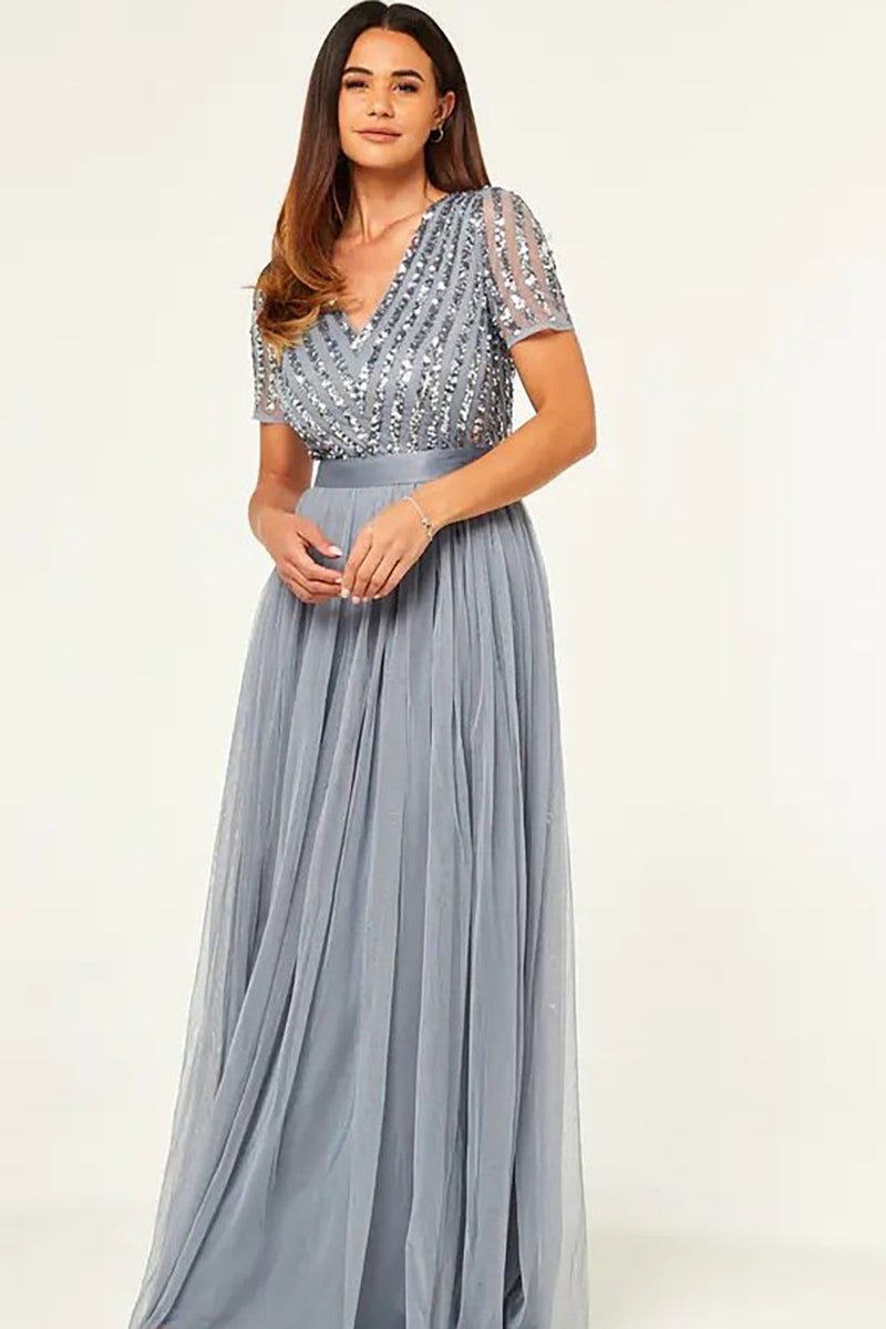 Load image into Gallery viewer, Sparkly V-Neck Grey Formal Dress with Short Sleeves