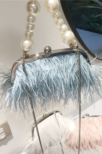 Blue Tassel Pearl Evening Party Clutch Bag with Feathers