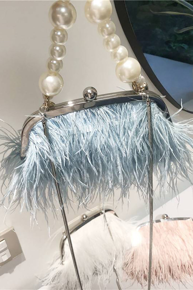 Load image into Gallery viewer, Blue Tassel Pearl Evening Party Clutch Bag with Feathers