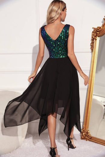 Black Green Sequin A-line Sleeveless Asymmetrical Party Dress