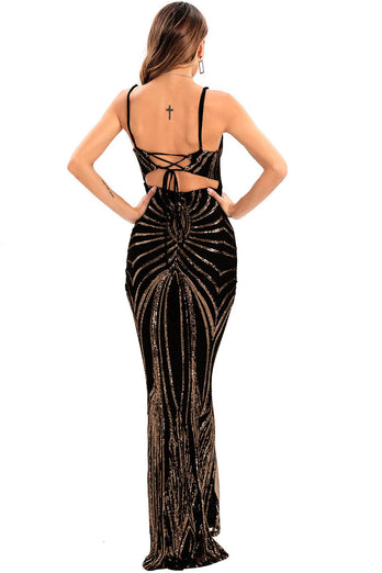 Black Sequin Spaghetti Strap Backless Bodycon Long Evening Dress