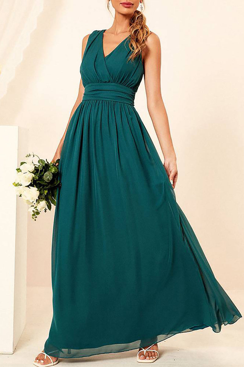 Load image into Gallery viewer, Apricot A-line V-neck Chiffon Floor Length Bridesmaid Dress