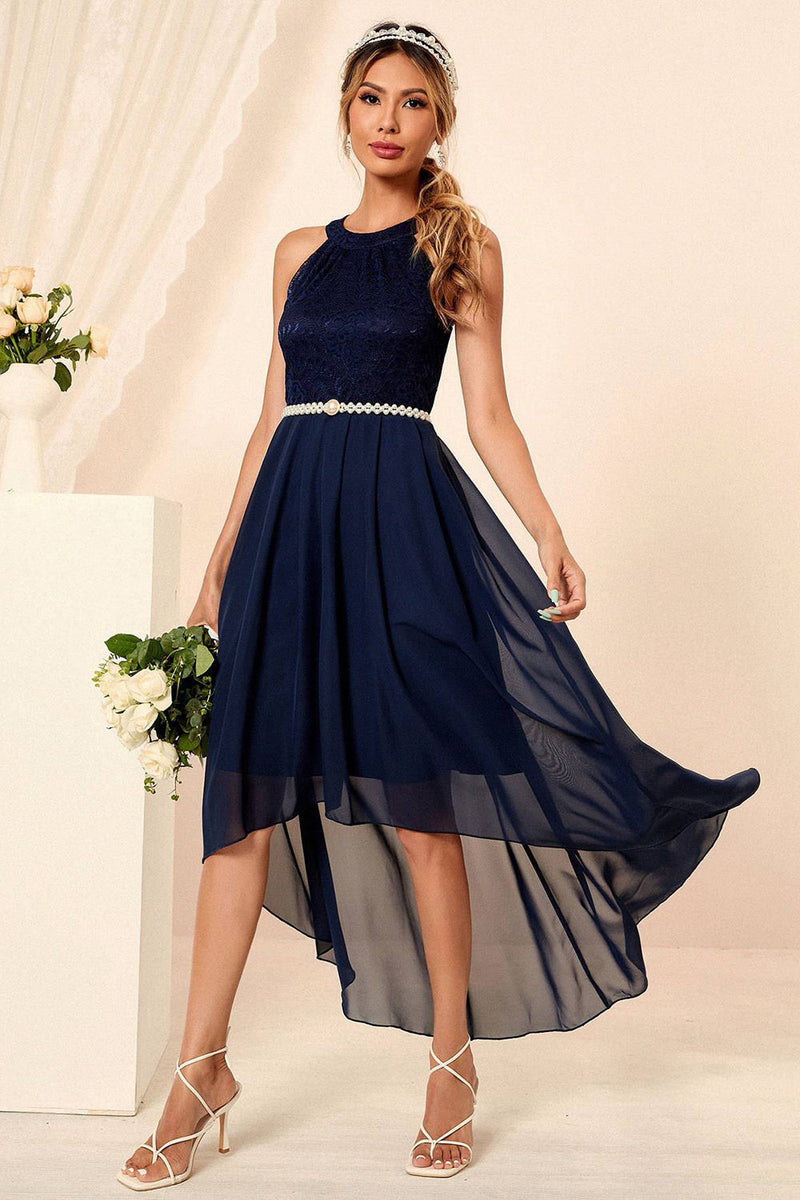 Load image into Gallery viewer, Navy Halter Neck Sleeveless A-line Chiffon Formal Dress