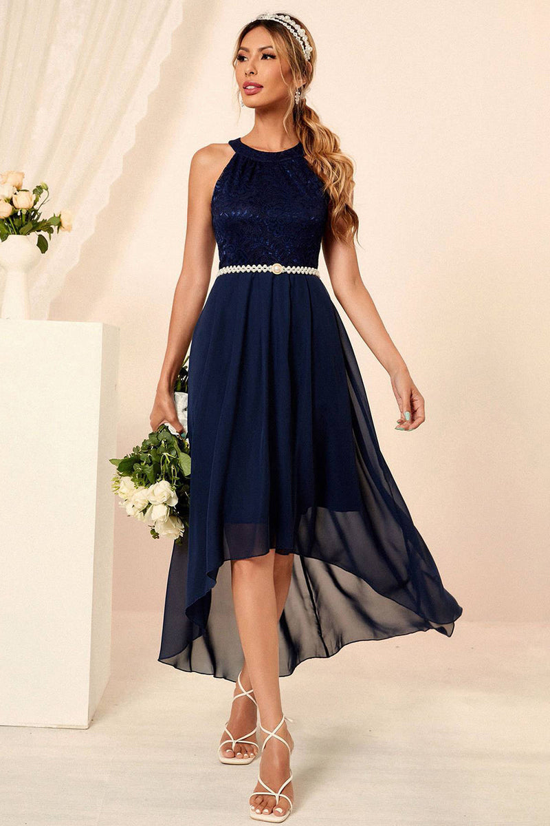 Load image into Gallery viewer, Navy Halter Neck Sleeveless A-line Chiffon Formal Dress