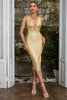 Load image into Gallery viewer, Golden Bodycon Deep V-neck Sleeveless Knee Length Cocktail Party Dress