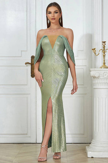 Light Green Off the Shoulder Bodycon Prom Dress with Slit