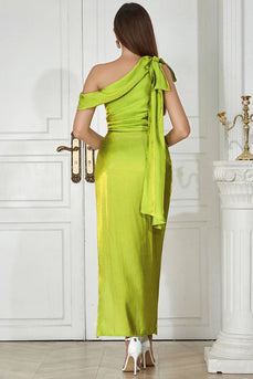 Green One Shoulder Sheath Pleated Cocktail Dress