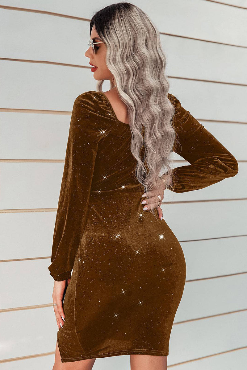 Load image into Gallery viewer, Dark Green Velvet Holiday Party Dress with Long Sleeves