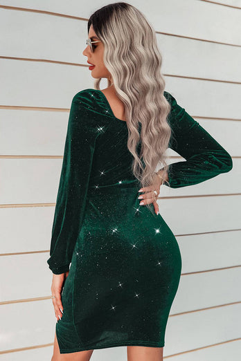 Dark Green Velvet Holiday Party Dress with Long Sleeves