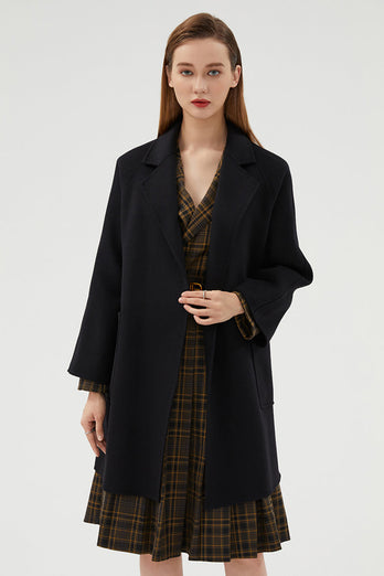 Black Long Notched Lapel Reversible Wool Coat with Belt