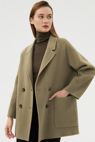 Double Breasted Green Notched Lapel Wool Coat With Pockets
