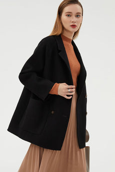 Black Double Breasted Wool Coat With Pockets