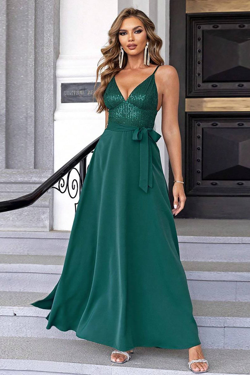 Load image into Gallery viewer, Dark Green Spaghetti Straps Sequin Holiday Dress With Slit