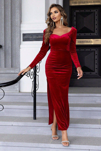 Red Sparkly Long Sleeve Sweetheart Holiday Dress With Slit