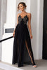 Load image into Gallery viewer, Black Spaghetti Straps Applique Long Holiday Dress With Slit
