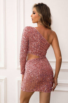 Sparkly Sequin Blush One Shoulder Cutout Short Party Dress