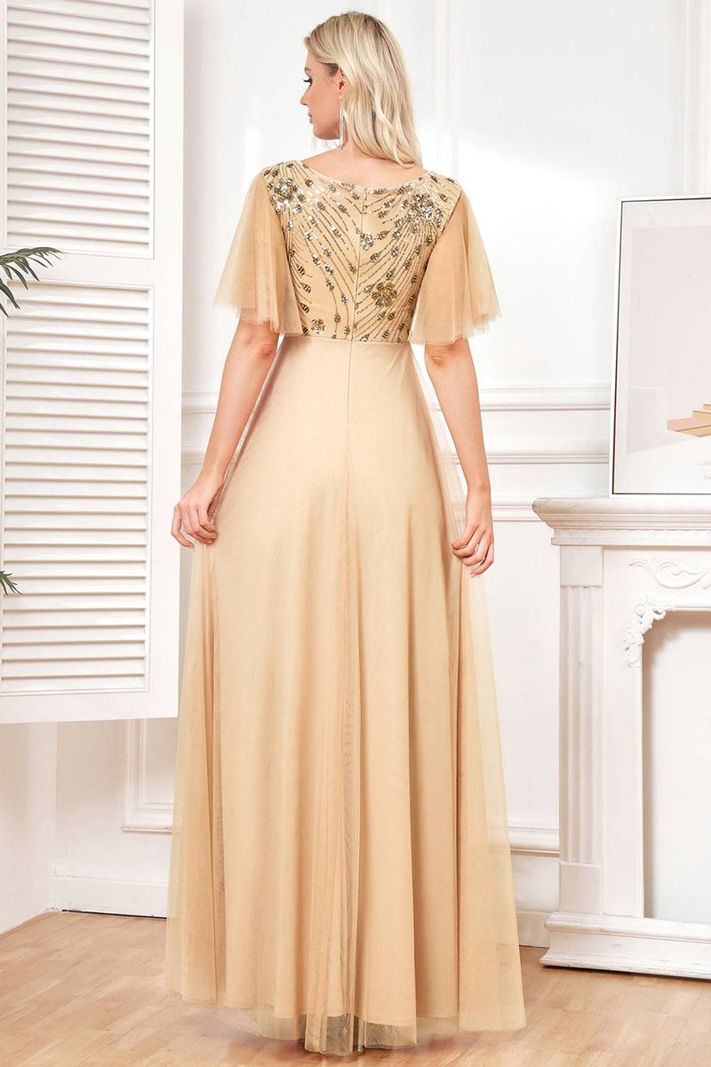 Load image into Gallery viewer, Bat Sleeves A Line Tulle Champagne Formal Dress with Sequins