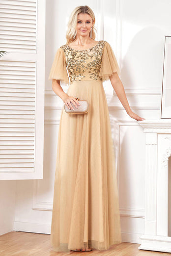 Bat Sleeves A Line Tulle Champagne Formal Dress with Sequins