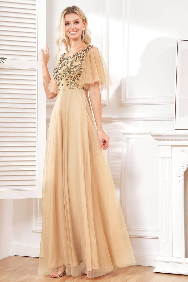 Load image into Gallery viewer, Bat Sleeves A Line Tulle Champagne Formal Dress with Sequins