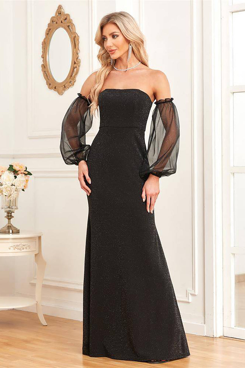 Load image into Gallery viewer, Removable Sleeves Black Sheath Sparkly Formal Dress