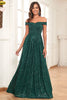 Load image into Gallery viewer, A-Line Off the Shoulder Dark Green Prom Dress With Sequins