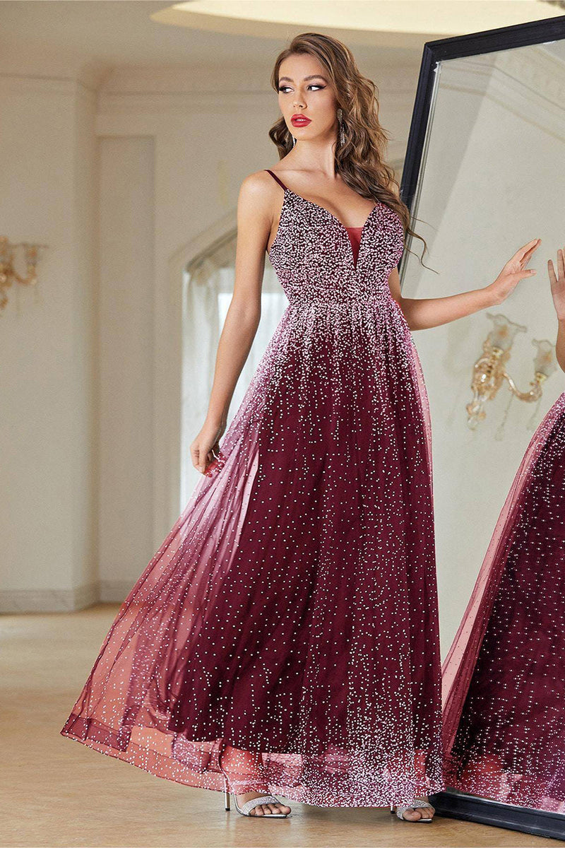Load image into Gallery viewer, Burgundy A-Line Spaghetti Straps Beaded Prom Dress