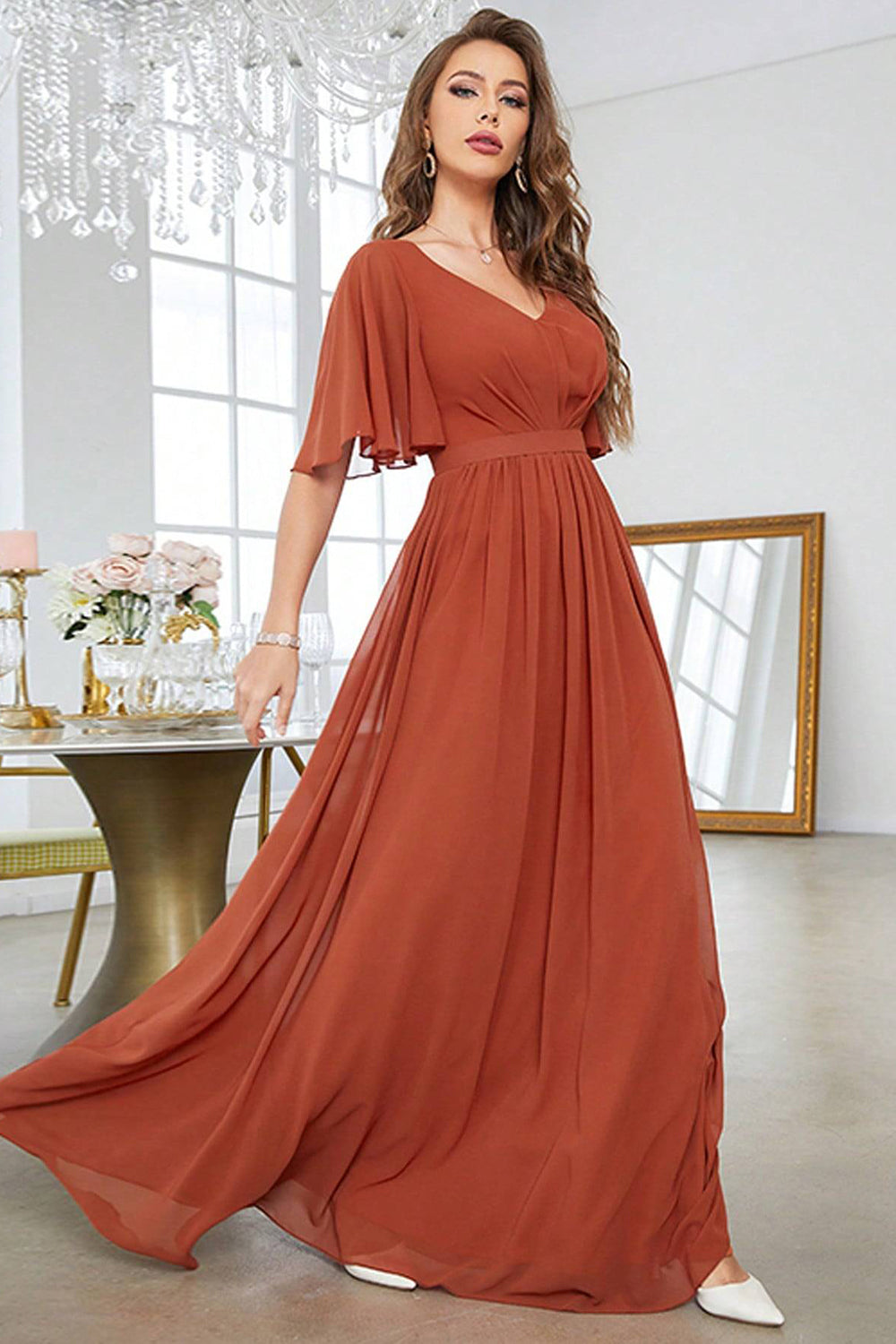 Brick Red A-Line V-Neck Pleated Prom Dress With Short Sleeves