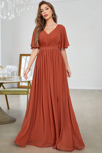 Brick Red A-Line V-Neck Pleated Prom Dress With Short Sleeves